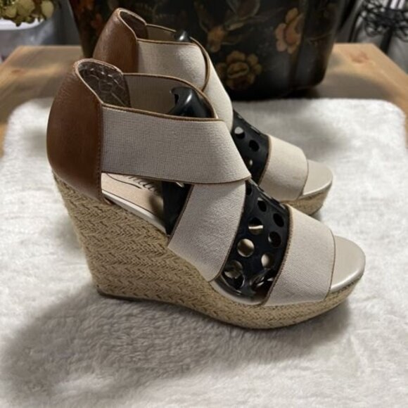 CANDIES Open Toe Beige Espadrille Wedge Platform Heels Elastic Straps Size 7.5M - Picture 4 of 12